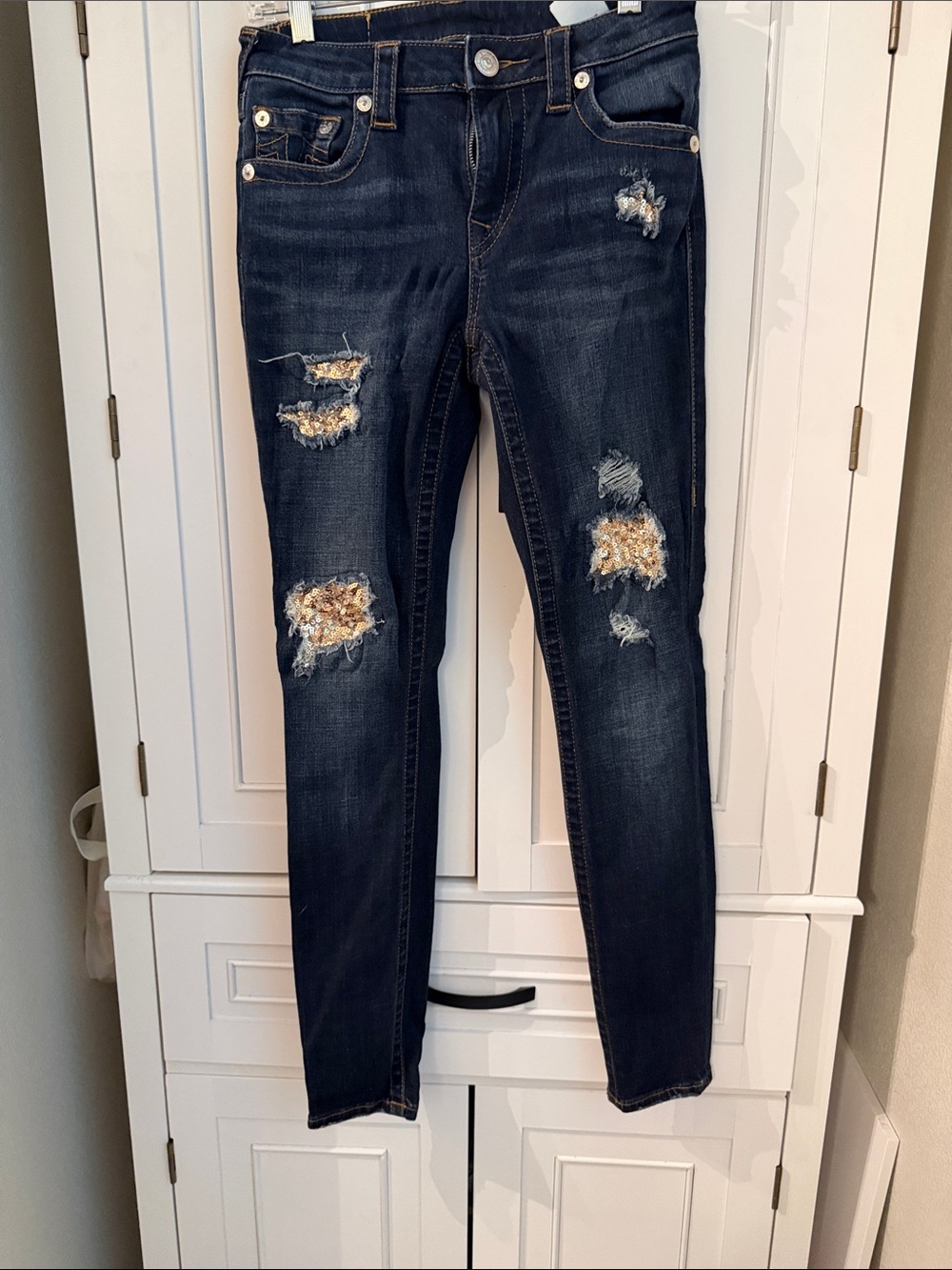 True Religion Dark Indigo Skinny Jeans with Sequin Distress